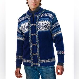 Norskwear Norwegian 100% Wool Blue Unisex Scandinavian Snowflake Cardigan L